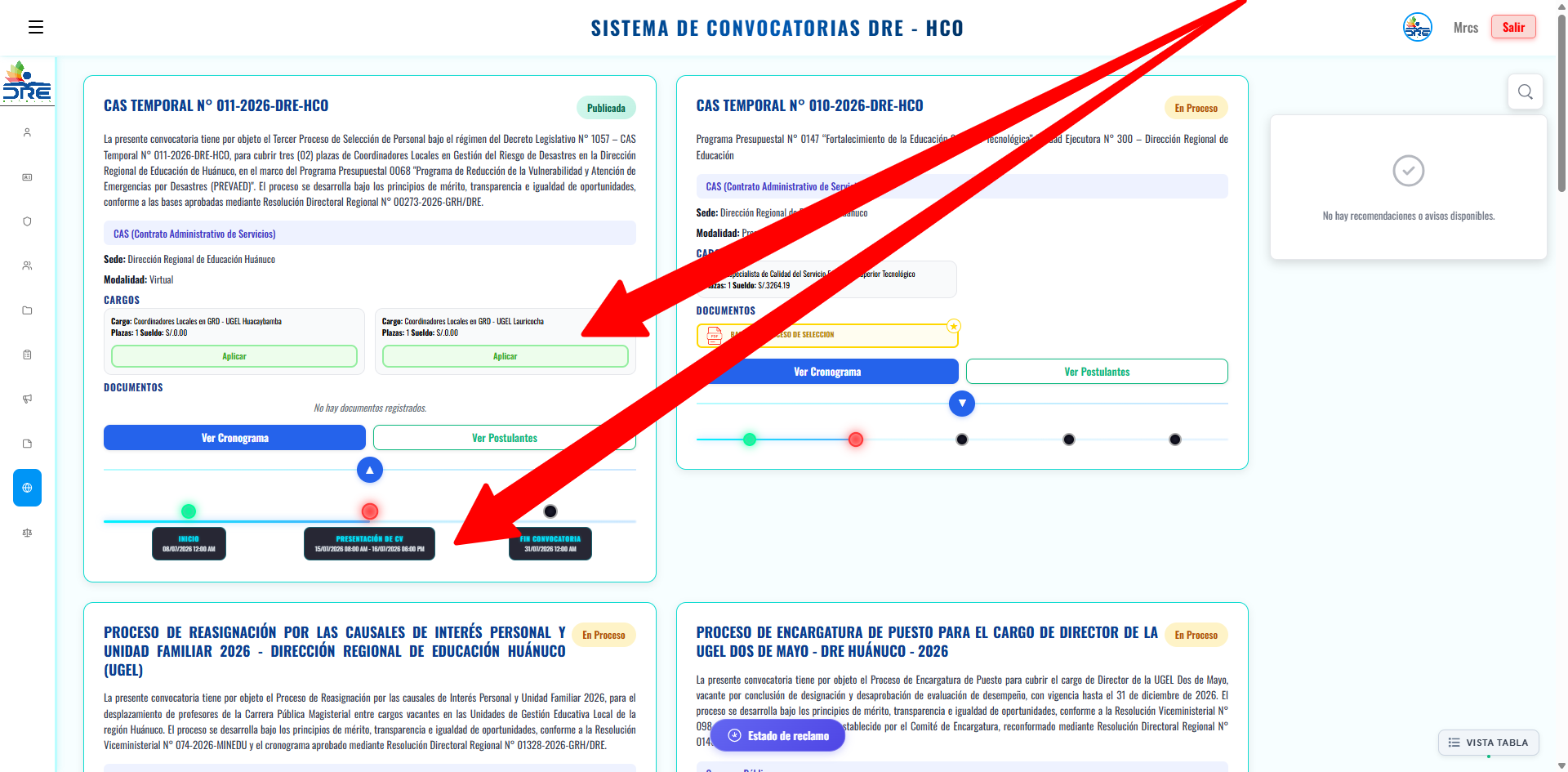 Convocatorias vigentes y botón Aplicar